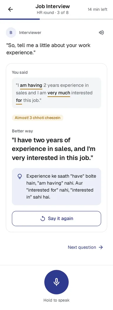 Bolchaal correcting a spoken English sentence with a Hinglish tip