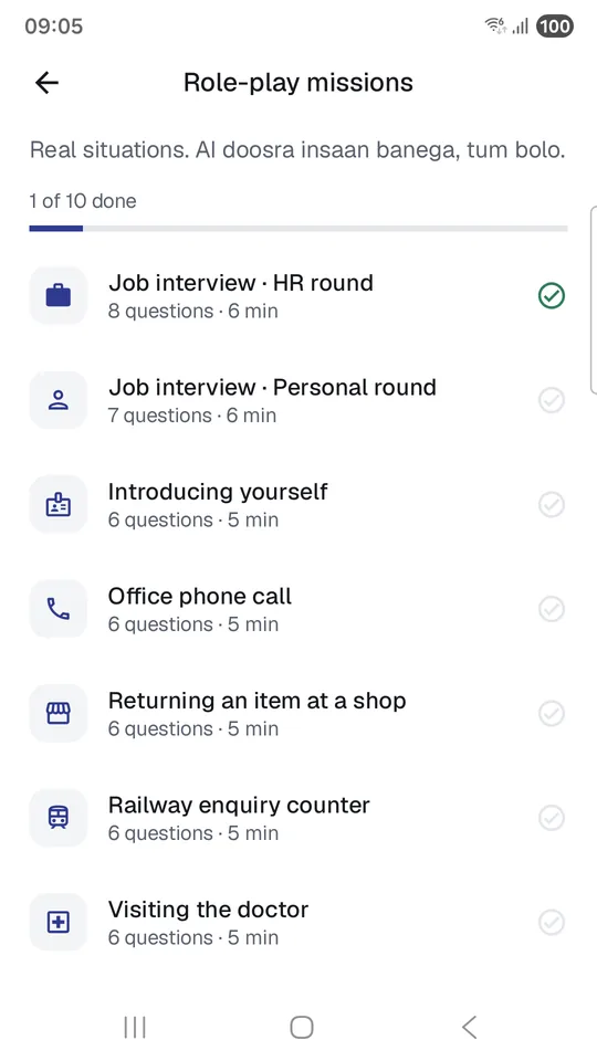 Bolchaal screenshot 1 of 7: Role-play missions list with ten real situations, job interview HR round marked done
