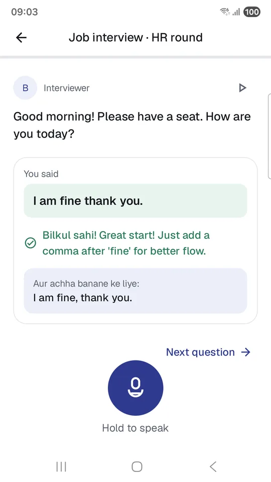 Bolchaal screenshot 2 of 7: Job interview HR round: the learner said I am fine thank you and Bolchaal shows a corrected sentence with a Hinglish tip