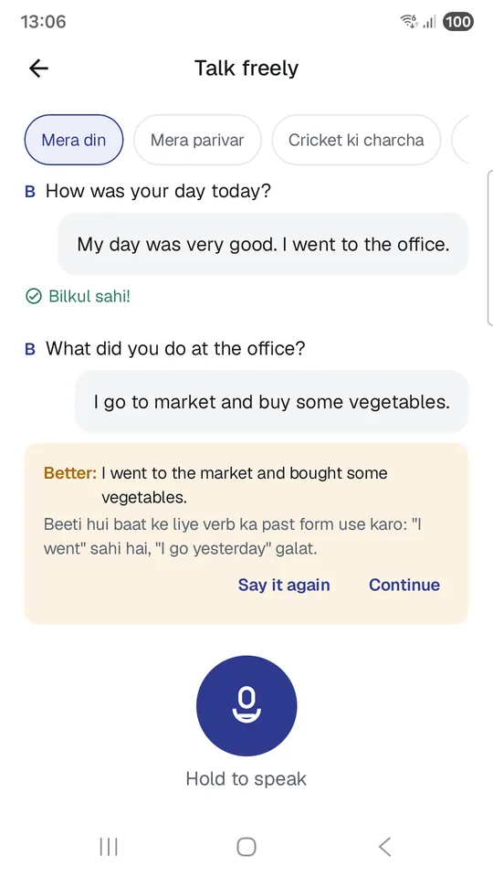 Bolchaal screenshot 3 of 7: Talk freely mode with topic chips and a correction under the learner reply