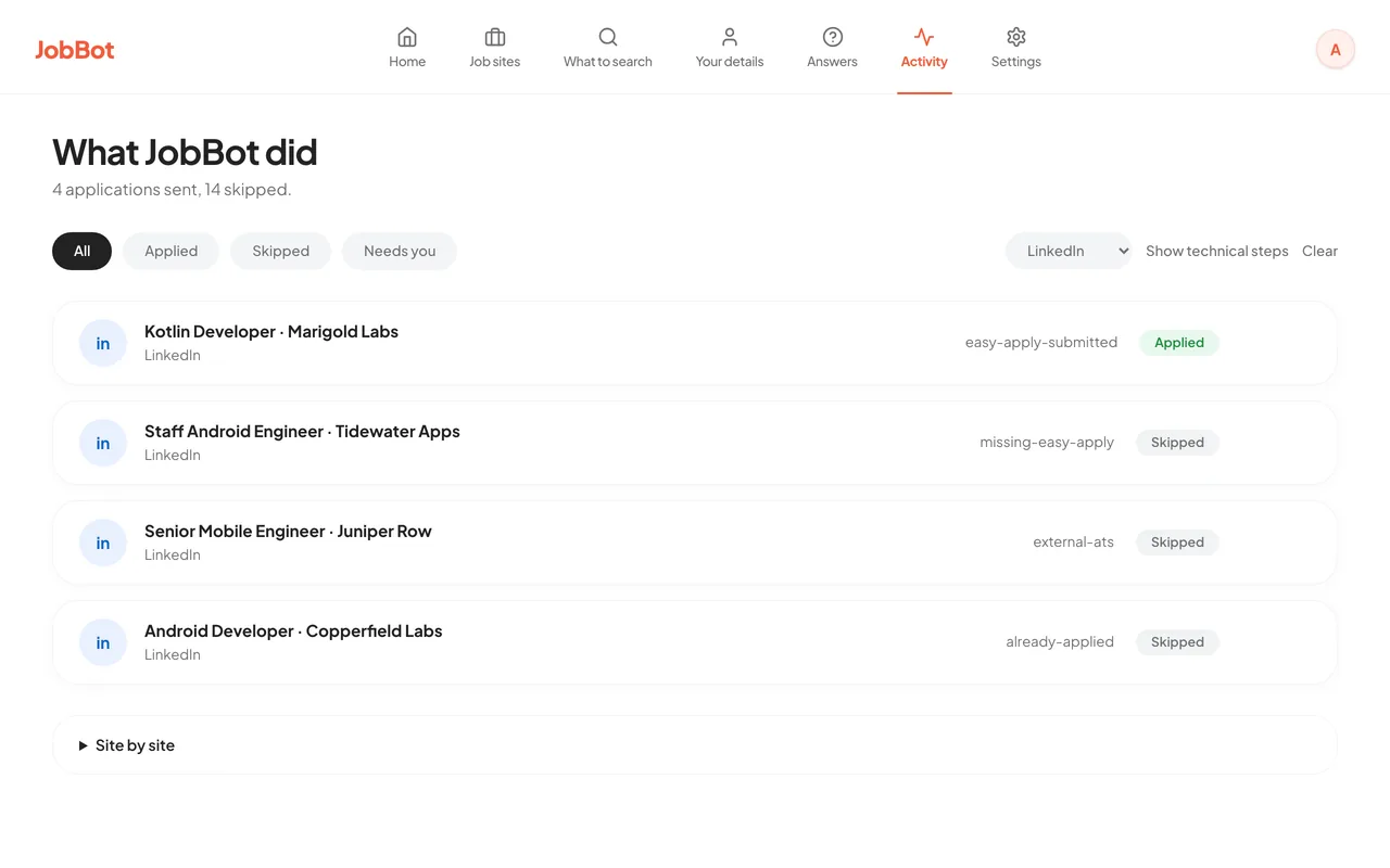 JobBot Activity screen filtered to LinkedIn after a run: one job marked Applied through Easy Apply and three marked Skipped, each with its reason.